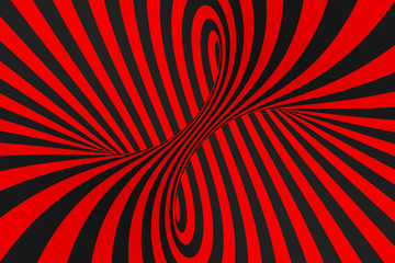 Torus 3D optical illusion raster illustration. Hypnotic black and red tube image. Contrast twisting loops, stripes ornament.