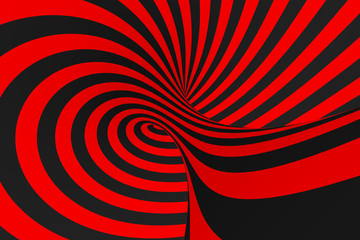 Torus 3D optical illusion raster illustration. Hypnotic black and red tube image. Contrast twisting loops, stripes ornament.