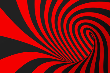 Torus 3D optical illusion raster illustration. Hypnotic black and red tube image. Contrast twisting loops, stripes ornament.