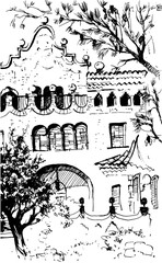 City view urban scene. Black and white dashed style sketch, line art, drawing with pen and ink. Western classical trend of book illustration and comic art.