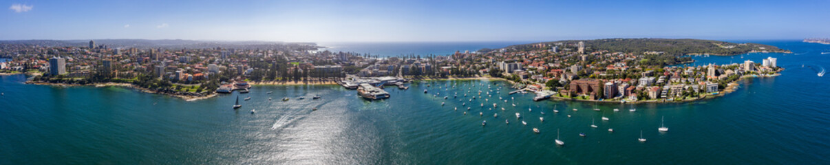 Aerial panoramic view of the Manly Wharf and harbour in Sydney, Australia