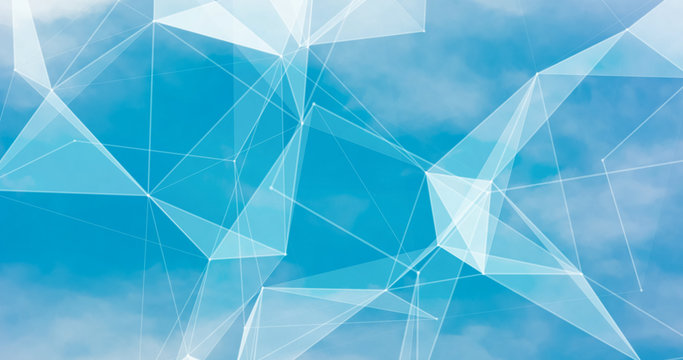 Abstract blurred background blue sky with white clouds in sunlight and geometric poligons texture.