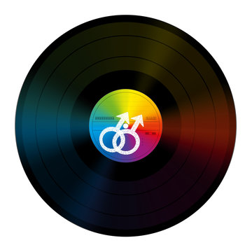 Gay music LP vinyl record. Rainbow colored record with gay symbol. Isolated vector illustration on white background.