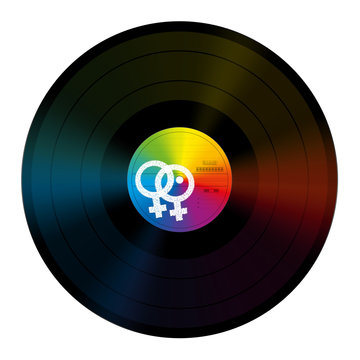 Lesbian music LP vinyl record. Rainbow colored record with lesbian symbol. Isolated vector illustration on white background.