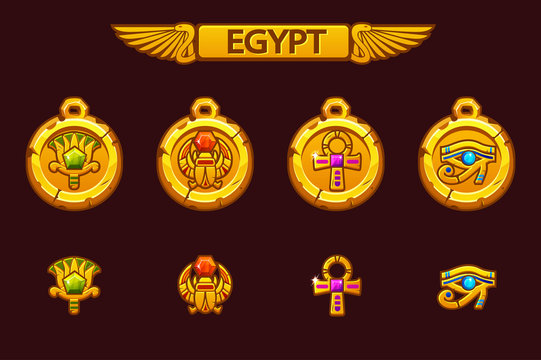 Vector Egyptian Talismans With Scarab, Eye, Flower And Cross. Olden Egypt Golden Amulet With Colored Precious Gems. On Separate Layers.