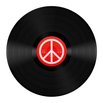 Peace music LP. Vinyl record with peace symbol. Isolated vector illustration on white background.