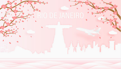 Panorama travel postcard, poster, tour advertising of world famous landmarks of Rio de Janeiro, spring season with blooming flowers in tree