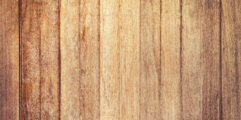 Panorama of old brown vintage wood wall background and texture