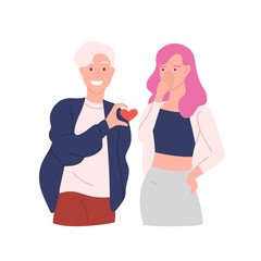 Annoying and intrusive admirer trying to present his heart to woman refusing to take it isolated on white background. Unrequited, one-sided love, rejected courtship. Flat cartoon vector illustration.