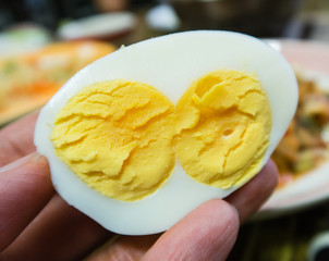 hand holding boiled egg l with soft focus for background