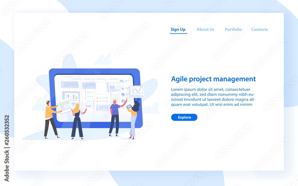 Aufkleber Web banner template with group of people organizing tasks on screen of giant tablet PC. Agile project management for business work organization. Flat vector illustration for website, landing page.