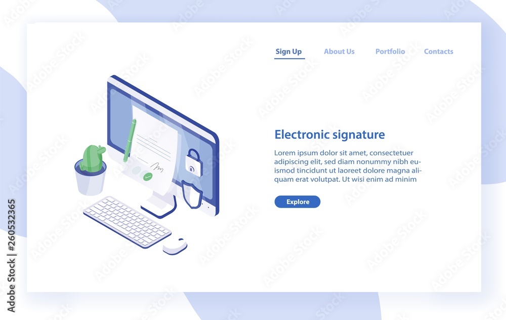 Poster Landing page template with desktop computer, paper document with signature on it, lock and shield. Electronic signature, secure technology. Modern isometric vector illustration for service promotion.