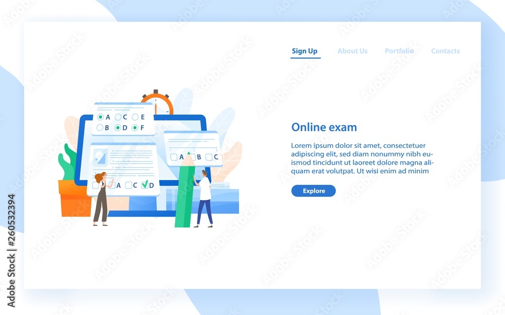 Poster Web banner template with giant computer and tiny students passing internet test. Online exam, distant learning or education. Modern flat vector illustration for educational service promotion.