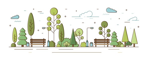 City park or municipal garden with trees, bushes, street lights and benches. Urban recreational area or zone. Modern colorful vector illustration in line art style for public location planning.
