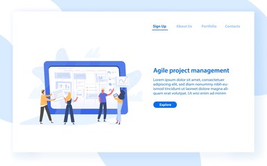 Web banner template with group of people organizing tasks on screen of giant tablet PC. Agile project management for business work organization. Flat vector illustration for website, landing page.