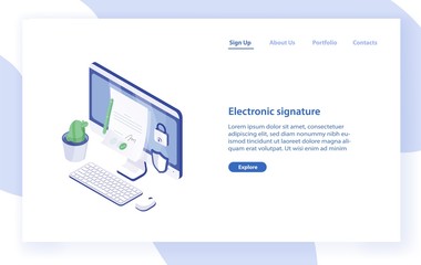 Landing page template with desktop computer, paper document with signature on it, lock and shield. Electronic signature, secure technology. Modern isometric vector illustration for service promotion.