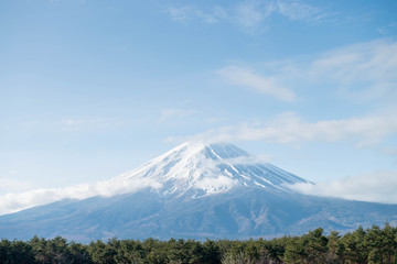 Fototapeta premium Close up top of beautiful Fuji mountain in morning with snow cover on the top with could, Japan