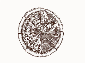 Graphical vintage sketch of pizza , vector illustration,snack