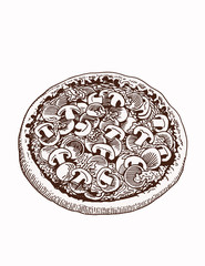 Graphical vintage mushrooms' pizza, vector illustration,snack