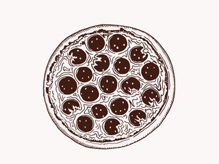 Graphical vintage pizza with sausages , vector illustration,snack