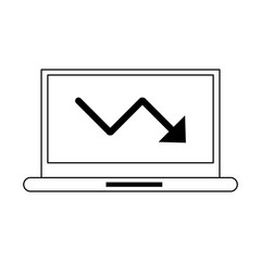 Laptop with decrease statistics arrow symbol in black and white