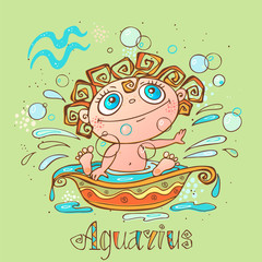 Children's horoscope icon. Zodiac for kids. Aquarius sign . Vector. Astrological symbol as cartoon character.