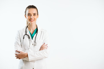 Fototapeta premium Young nurse in a scrub uniform wearing a stethoscope.