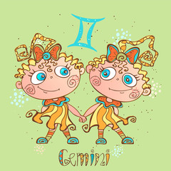 Fototapeta premium Children's horoscope icon. Zodiac for kids. Gemini sign . Vector. Astrological symbol as cartoon character