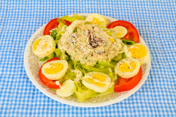 Cranberry and Turkey Salad on Bed of Lettuce with Boiled Eggs and Sliced Tomato