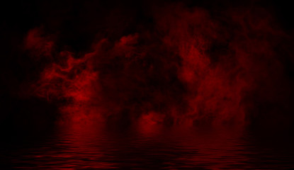 Fototapeta na wymiar Red smoke with reflection in water. Mistery fog texture overlays background