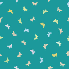 Multicolor pastel butterflies in multidirectional design. Seamless hand drawn vector pattern on vibrant teal background. Great for wellbeing, beauty, baby products, packaging, home decor, giftwrap
