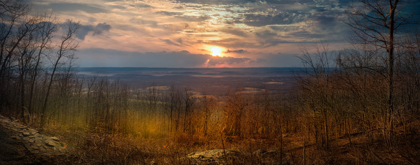 Panoramic sunrise on Sunrise Mountain at Stokes State Forest, New Jersey, in early spring