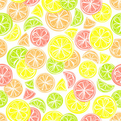 Seamless pattern with citruses: grapefruit,lemon,lime,orange.Perfect for restaurant menu backdrop, healthy food concept, juice bar,cards and prints.Vector pattern with lemons and limes.