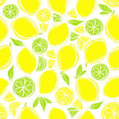 Seamless pattern of stylized hand drawn lemons and leaves.Perfect for restaurant menu backdrop, healthy food concept, juice bar,cards and prints.Vector illustration with lemons and limes.