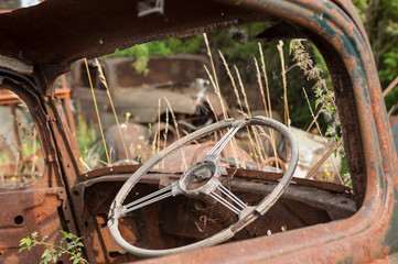 Cockpit eines alten, verrosteten Autos auf einem Autofriedhof