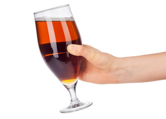 Hand with full beer glass isolated on white background