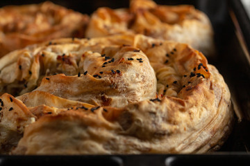 Close up capture of homemade Turkish patty with cheese and meat, black cumin seeds on