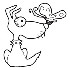 Cartoon doodle illustration of cute dog with a butterfly for coloring book, t-shirt print design, greeting card