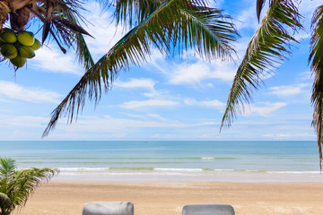 Landscape of the beach with coconut tree ,a wild tropical beach in southern part of Thailand in sunny day.