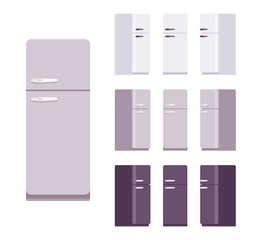 Retro fridge set, kitchen equipment. Refrigerator to keep cool, appliance to store food and drink fresh. Vector flat style cartoon illustration isolated on white background, different views and colors