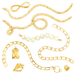watercolor golden chain. Watercolor painting on a white background, isolated