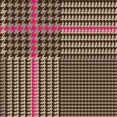 Brown Glen Plaid Seamless Vector Pattern with Deep Pink Overcheck. Prince of Wales Check. Classic 9x9 Houndstooth Textile Print. Traditional Scottish Fabric. Pixel Pattern Tile Swatch Included.