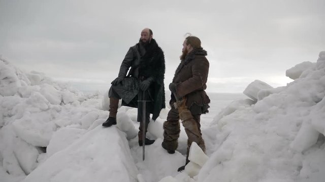 Two vikings standing on glaciers