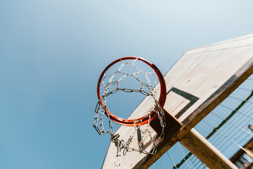 old basketball hoop against blue sky