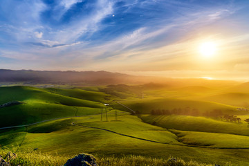 Sunset in Rolling Green Hills in Springtime