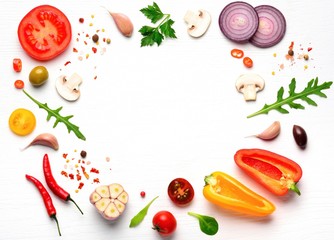 Organic fresh vegetables and spices frame on wooden white background. Copyspace, top view. 