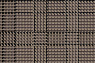 Brown Glen Plaid Seamless Vector Pattern with Black Overcheck 5x5 Houndstooth Check. Trendy High Fashion Print.  Prince of Wales Check. Traditional Scottish Fabric. Repeating Tile Swatch Included.