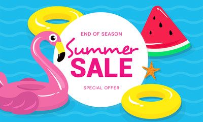 Summer sale banner vector illustration, Flamingo pool float, watermelon pool toy and yellow rubber ring floating on water.