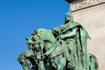 Hungary, Budapest, Hosok tere: Close up of ruler Arpad statue ruler of the seven chieftains of the Magyars at famous Heroes' Square in the city center of the Hungarian capital with blue sky - history