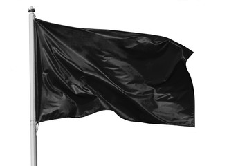 Black flag waving in the wind on flagpole, isolated on white background, closeup